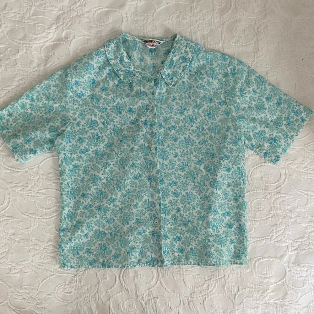 Vintage 1960s Cotton Shirt Short Sleeve Castle Floral Print Hong Kong - Picture 7 of 15